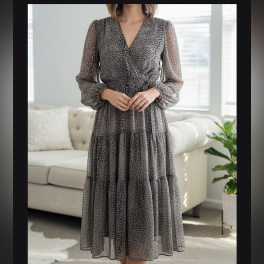 Vici Gray and White Pleated Wrap Dress with Bishop Sleeves